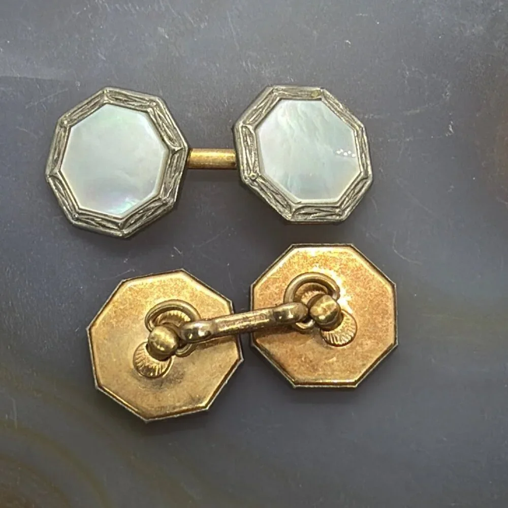 Vintage Art Deco Mother of Pearl Rolled Gold Plate Tuxedo Double Sided Cufflinks - Picture 9 of 14